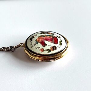 Vintage Cloisonné Unicorn Locket Necklace, Gold, White, Pink on brass chain